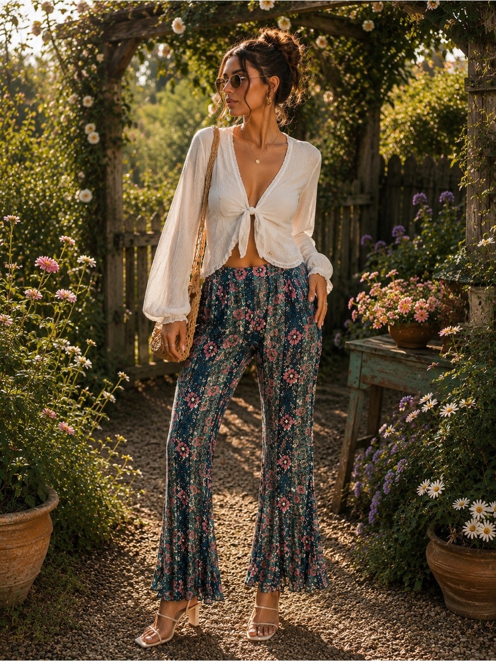 Free People Bali Sultry Boho Bohemian Floal Flare Leg Pants Size Small